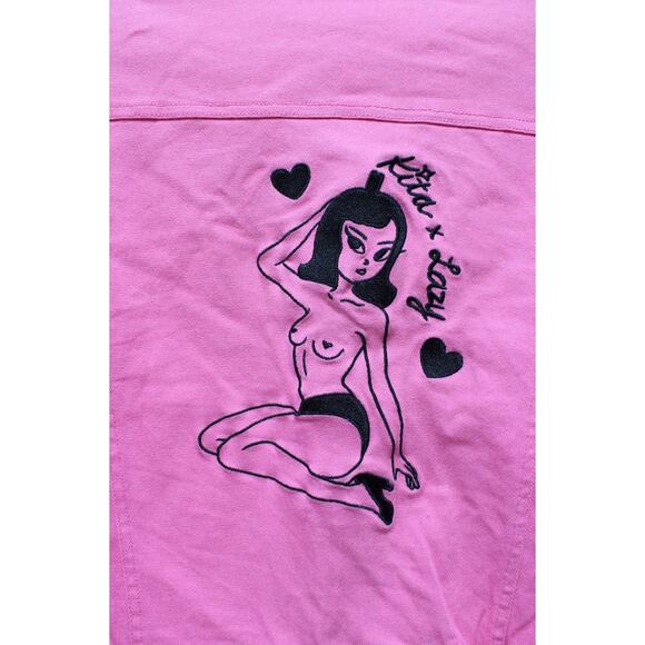 Lazy Oaf Kita Pink Heart Pinup Girl 2 PC Jacket Denim Jean Pants Set Small/24 - Picture 7 of 13